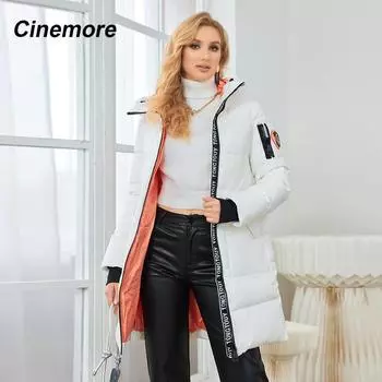 Cinemore зимние женские парки из биофлиса с капюшоном, модная контрастная утолщенная стеганая куртка, длинное пуховое пальто, женская одежда, новинка