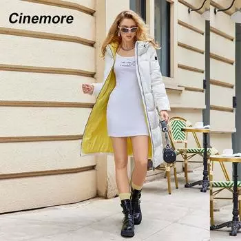 Cinemore зимние женские парки из биофлиса с капюшоном, модная контрастная утолщенная стеганая куртка, длинное пуховое пальто, женская одежда, новинка
