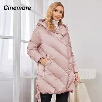 Cinemore зимняя женская куртка с капюшоном, однотонная утепленная стеганая куртка, повседневная теплая стеганая парка, женское розовое пуховое пальто средней длины