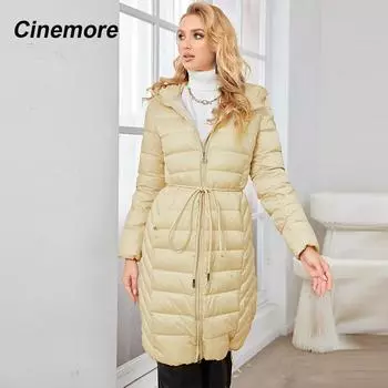 Cinemore зимняя женская куртка с воротником из натурального меха с капюшоном, однотонная утепленная стеганая куртка, теплые парки с подкладкой, длинное пуховое пальто