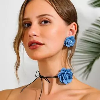 Цинковый сплав цинка корейский стиль ожерелье джинсовая ткань девушка чокер элегантный цветок комплект ювелирных изделий для женщин Style A