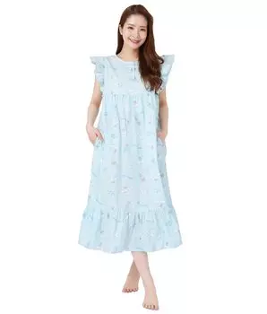 Cinnamoroll Cotton Sheeting Dress Short Sleeve Room Wear Loungewear Cinnamoroll Bear Sanrio [SAZAC] 100% Women s & (Baby Blue/M-L/SAN1694)