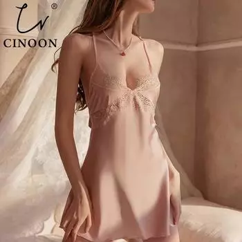 CINOON Ледяной шелк ажурная ночная рубашка женская сексуальная соблазнительная кружевная ночная рубашка женская красота задняя повязка пижама подтяжки домашняя одежда M белый