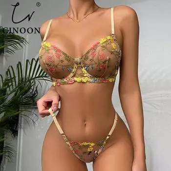 CINOON, комплект сексуального нижнего белья, прозрачный кружевной бюстгальтер с цветочным принтом, трусики, бюстгальтер, женское нижнее белье, стринги, соблазнительные трусики, женские трусы