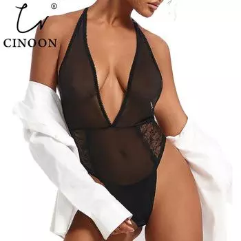 CINOON Сексуальное женское черное боди с кружевной сеткой и сращиванием, боди без рукавов, с открытой спиной, базовое боди с бретелькой через шею S чёрный
