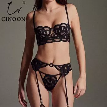 CINOON сексуальное женское нижнее белье с вышивкой, тонкий кружевной прозрачный комплект с бюстгальтером пуш-ап, бюстгальтер + подвязки + стринги, комплект из 3 предметов, комплект французского нижнего белья S белый