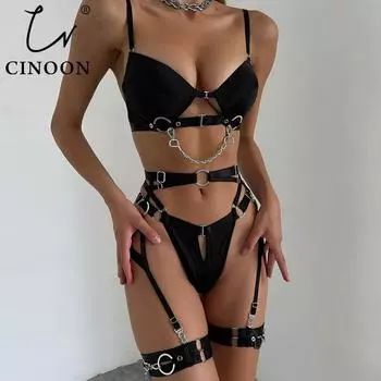 CINOON Сексуальное женское нижнее белье Эротический пояс для чулок 3-х предметный интимный бюстгальтер пуш-ап Роскошные цепочные ремешки Экзотические комплекты трусиков S