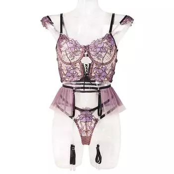 CINOON Женское сексуальное эротическое кружевное нижнее белье Европа и Америка Тонкий и прозрачный комплект бюстгальтера Сетчатая вышивка Комплект из 3 предметов Нижнее белье M