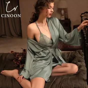 CINOON женские пижамные комплекты из искусственного шелка, пижамы, комплекты одежды для сна, кружевное банное платье с вышивкой, платье для свадебной ночи, халат с поясом