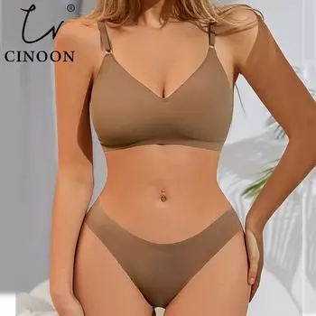 CINOON женский бесшовный комплект с бюстгальтером, сексуальные стринги с низкой талией, v-образный вырез, бюстгальтер без косточек, нижнее белье без косточек, бюстгальтер, женский комплект нижнего белья из ледяного шелка S