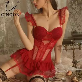 CINOON женский бюстье сексуальный кружевной корсет сетчатый прозрачный пижамы черный облегающий комбинезон стринги нижнее белье L