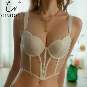 CINOON женское прозрачное нижнее белье пуш-ап, новый сексуальный формирующий бюстгальтер, тонкое красивое нижнее белье сзади, женский газовый бюстгальтер без косточек S белый
