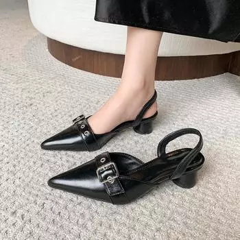 Circle Low Heel Sandals Women Shoes Solid Color Pointed Toe Small Fragrant Style Ladies Back Style Single Shoes Shoes for Women 35 чёрный