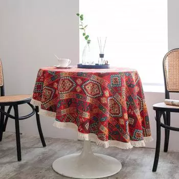 Circular Tablecloth Jacquard Red Christmas Table Cloth Round Thick Dining Table Cover Mexico Bohemian Style Home Kitchen Decor round DIA90