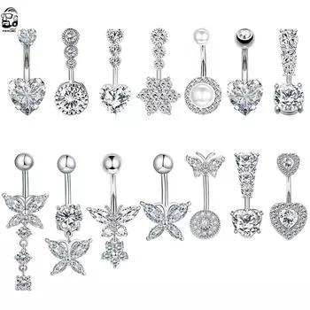 Циркон Кристалл Кольца Пупка Для Женщин Кольцо Пупка Хирургическая Сталь Штанга Сердце Круглый Пирсинг Ювелирные Изделия
