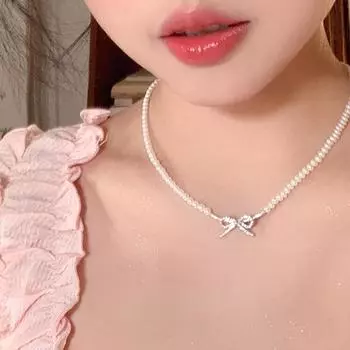 Цирконий бант жемчужное ожерелье женское французское ретро элегантное легкое роскошное милое индивидуальная цепочка на шею ключичная цепочка