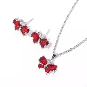 Цирконий ожерелье бабочка комплект украшений женский, маленькая фея ожерелье серьги комплект ювелирных изделий Necklace Butterfly Stud Earrings Set красный