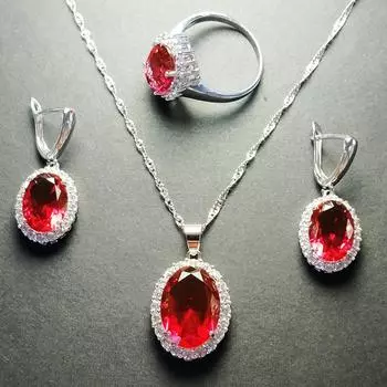 Цирконий ожерелье девушка ювелирные изделия сокровища комплект женское ожерелье серьги кольцо комплект из трех частей ювелирных изделий Ring opening three-piece set красный