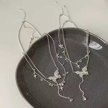 Цирконовая кисточка бабочка двухслойное ожерелье женская легкая роскошная элегантная нишевая высококачественная универсальная цепочка на шею ключичная цепочка