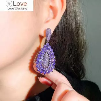 Цирконы яркие круглые темно-фиолетовые кубические циркониевые камни прекрасные большие длинные висячие свадебные серьги для женщин