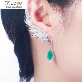 Цирконы роскошные полные кубические цирконии паве популярные большие длинные серьги-каффы в форме перьев для женщин зелёный
