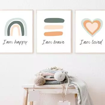 Цитаты Happy Brave Loved Wall Art Холст Картина Позитивные Утверждения Плакаты Детская Печать Скандинавские Картины для Детской Комнаты Декор 21x30cm No Framed красный