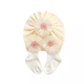 Citgeett Infant Baby Girls Socks Cap Set Lace Flower Ribbed Short Sock+ Hat Autumn Beige Pink