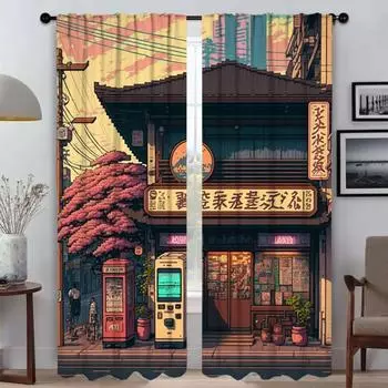 Cities Pixel Art Curtains Child Room Partition Blackout Curtain for Room 2 Panel Home Interior Curtains Shades Living Kitchen W50xH70cmx2pcs-CL