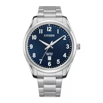 [Citize] Мужские кварцевые часы CITIZEN BI1031-51L с синим циферблатом и серебристым металлическим ремешком, модель Overseas