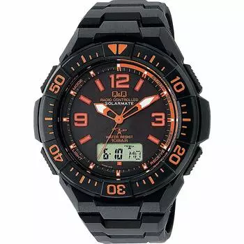 [Citizen Q&Q] Часы аналоговые радио солнечные водонепроницаемые дата уретановый ремень MD06-315 мужские черные x оранжевые