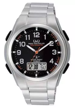 [Citizen Q&Q] Часы аналоговые радио солнечные водонепроницаемые дата металлический ремешок MD02-205 мужские черные