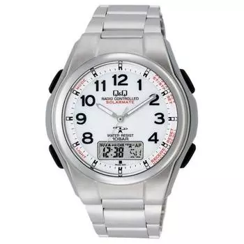 Citizen Q&Q Watch Analog Radio Solar Waterproof Date Metal Band MD02-204 Men s White