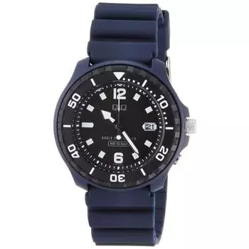 Citizen Q&Q Watch Cue and Cue Analog Radio Wave Solar 10 ATM Water Resistant Urethane Band D02A-002VK Men s Blue