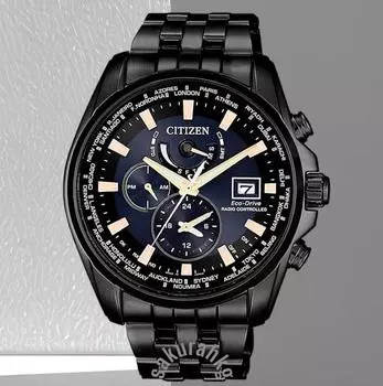 CITIZEN Япония радиоуправляемые Eco-Drive черные циферблат вечные часы из нержавеющей стали AT9039-51L
