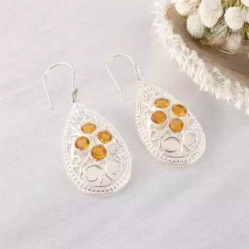 Цитрин Драгоценный камень 925 Проба Серебро Ручная работа Ювелирные изделия Помолвочные серьги 2,25 CE-17-8