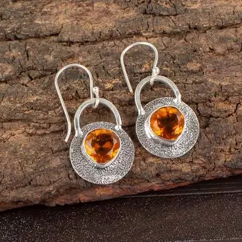 Цитрин Драгоценный камень 925 Стерлинговое серебро Ювелирные изделия Ручной работы Серьги-подвески 1,30 EE-63-1