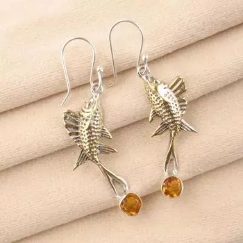 Цитрин Драгоценный камень 925 Стерлинговое серебро Ювелирные изделия Серьги 2,17 Уникальная идея для подарка EE-148-10