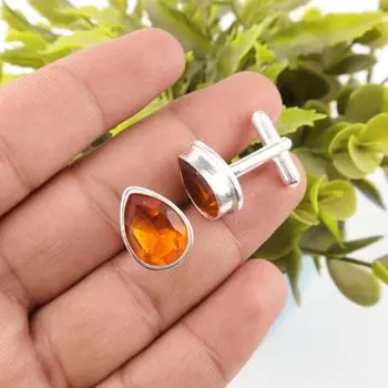 Цитрин Драгоценный камень 925 Стерлинговое серебро Ручной работы Запонки 0,66 Подарок для мужа CL-6-3