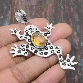 Цитрин Драгоценный камень ручной работы Твердый серебряный кулон из стерлингового серебра 925 пробы на День Благодарения 2.76 Inches жёлтый