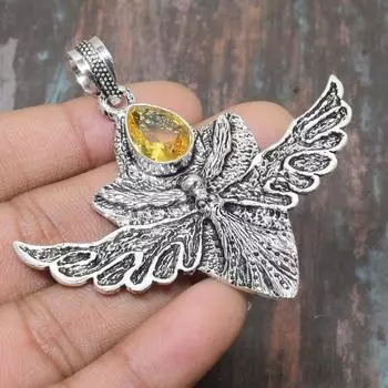 Цитрин Драгоценный камень Твердый стерлинговый серебр 925 пробы Замечательный ювелирный кулон ручной работы 2.56 Inches жёлтый