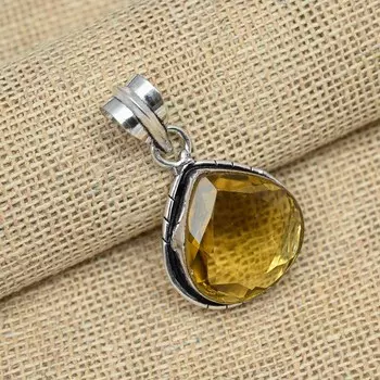 Цитрин Топаз Красивый драгоценный камень Твердый стерлинговый серебристый стерлинговый серебристый 925 Подвеска ручной работы 1.57 Inches жёлтый