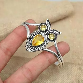 Цитрин Великолепный драгоценный камень Манжета из твердого стерлингового серебра 925 пробы ручной работы с изображением совы Регулируемые украшения 8 Inches жёлтый