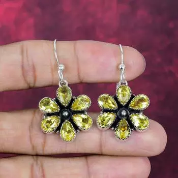 Citrine Earrings, Gemstone Handmade Solid 925 Sterling Silver Jewelry Earring, For Thanksgiving 1.77 Inches