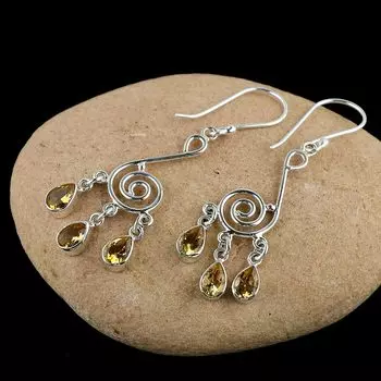 Серьги с драгоценным камнем цитрин, цельные серьги из стерлингового серебра 925 пробы, серьги с драгоценными камнями, дизайнерские серьги ручной работы, подарок для нее