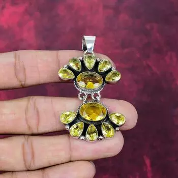 Citrine Handmade Gemstone Jewelry, 925 Solid Sterling Silver Pendant Antique Jewelry 2.44 Inches