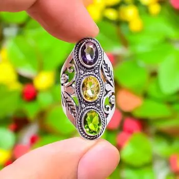 Citrine, Peridot Gemstone Handmade 925 Sterling Silver Jewelry Ring Size 5 H5C78