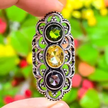 Citrine, Peridot Gemstone Handmade 925 Sterling Silver Jewelry Ring Size 9 L4u08
