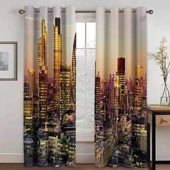 Городской пейзаж закат сумерки занавеска, домашняя спальня гостиная теневые занавески, комплект из двух 50W130H(CM)X2PCS&Grommet Top