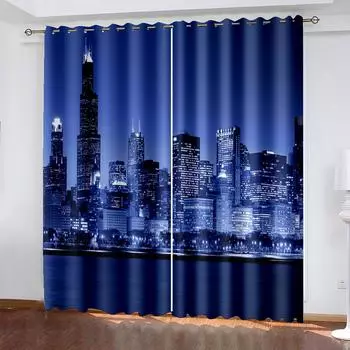 City Night Lights Beautiful Curtain, Home Bedroom Living Room Shade Curtain, a Set of Two Pieces 50W130H(CM)X2PCS&Grommet Top