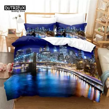 City Night Scene Duvet Cover Set, Night Scene Bedding Set, Soft Comfortable Breathable Duvet Cover, For Bedroom Guest Room Decor EU single(135x200cm)